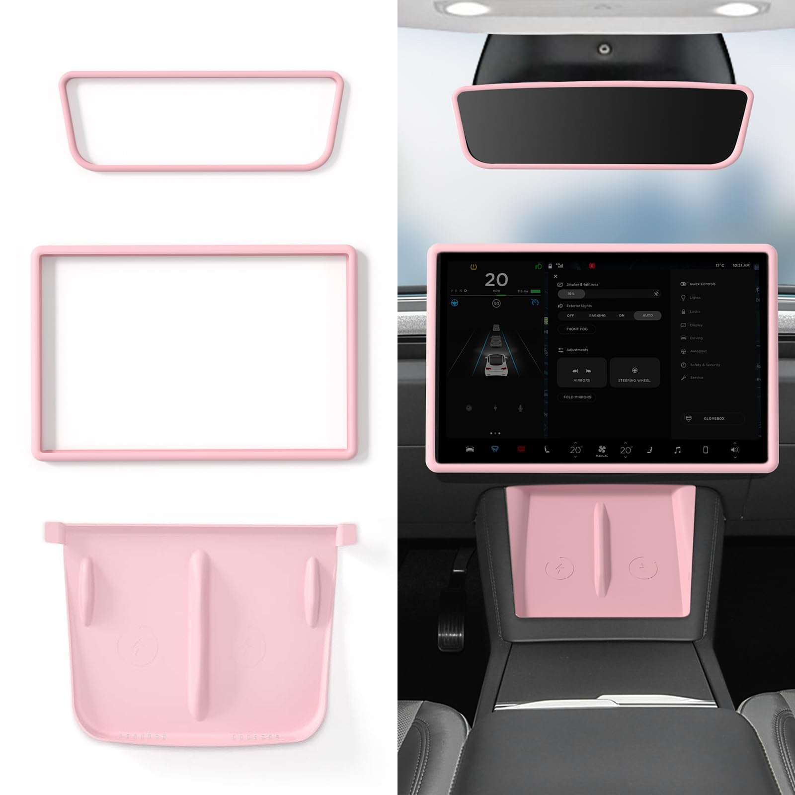 Wireless Charger Mat, Screen, and Rearview Mirror Protector Frame (3 pcs)