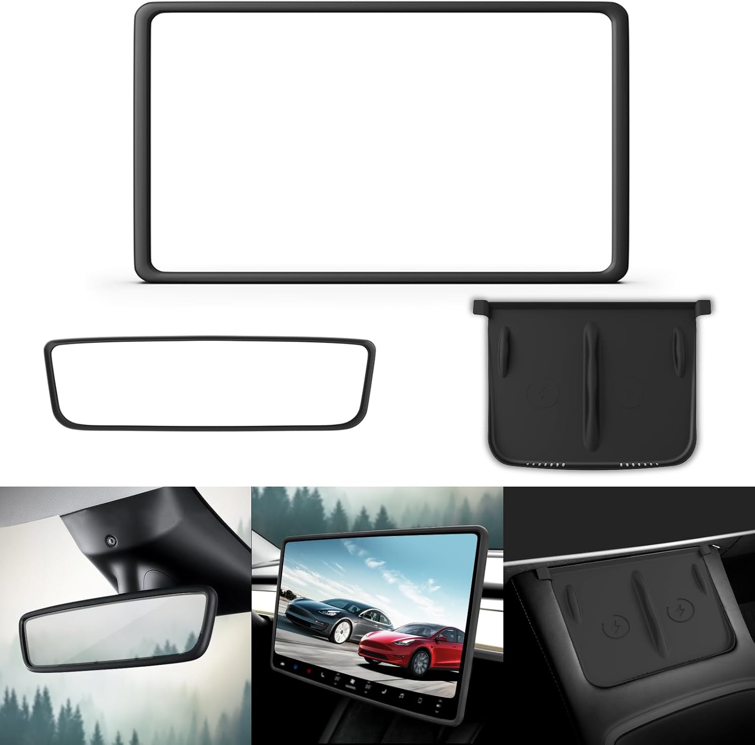 Wireless Charger Mat, Screen, and Rearview Mirror Protector Frame (3 pcs)