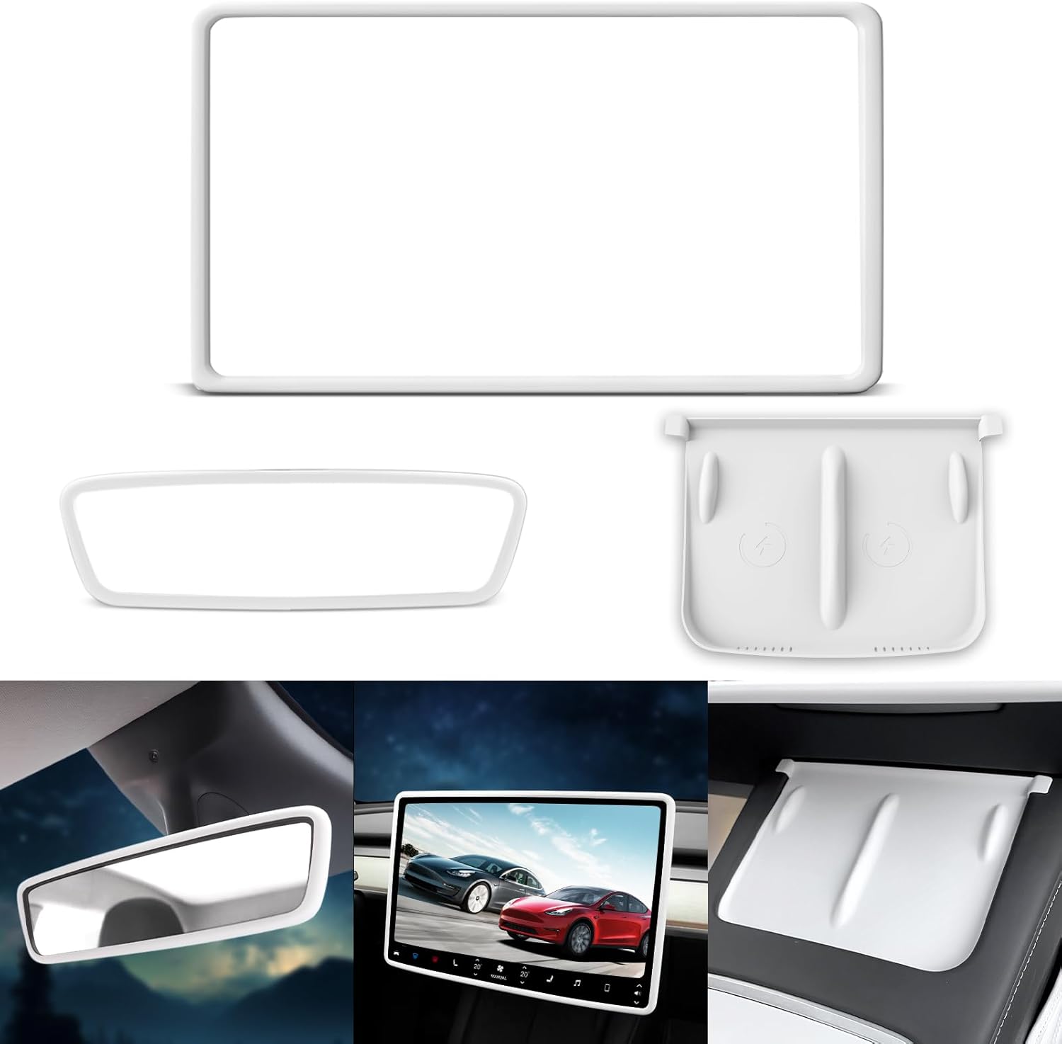 Wireless Charger Mat, Screen, and Rearview Mirror Protector Frame (3 pcs)